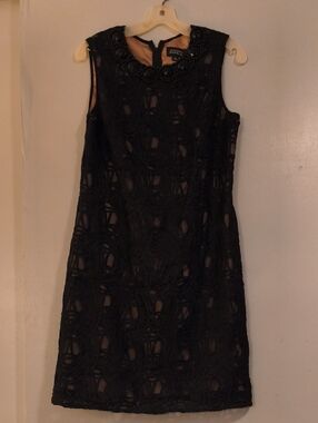 Adrianna Papell Black Lace Mini Dress with Beaded Collar